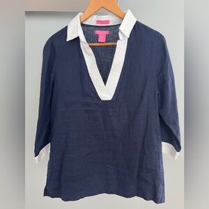 Isaac Mizrahi Navy and White Linen Blouse